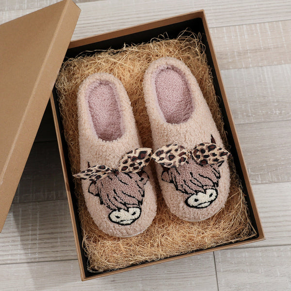 PREORDER: Highland cow with leopard bow slippers 8.24.26 OSYM - Pumpkin Patch Co