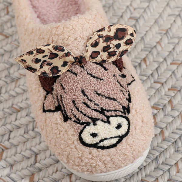 PREORDER: Highland cow with leopard bow slippers 8.24.26 OSYM - Pumpkin Patch Co
