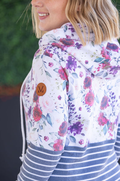 IN STOCK Hailey Pullover Hoodie - Burgundy Bloom and Grey Stripes FINAL SALE