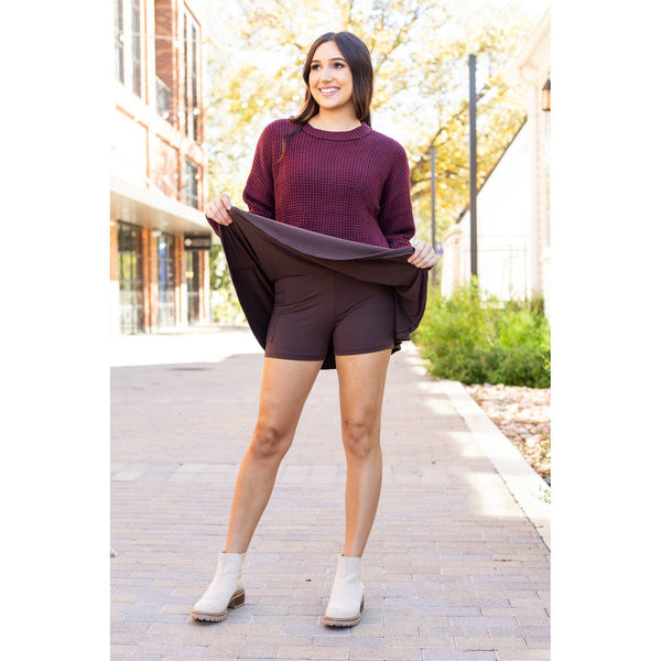 Stretchy brown Julia Rose skort styled for casual wear