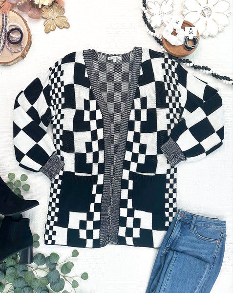IN STOCK Long Checkered Pocket Cardigan - Black and White - Pumpkin Patch Co