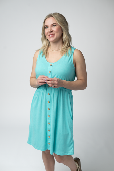 IN STOCK Beverly Button Dress - Aqua - Pumpkin Patch Co