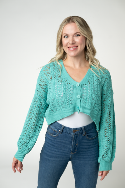 IN STOCK Callie Cropped Cardigan - Aqua - Pumpkin Patch Co