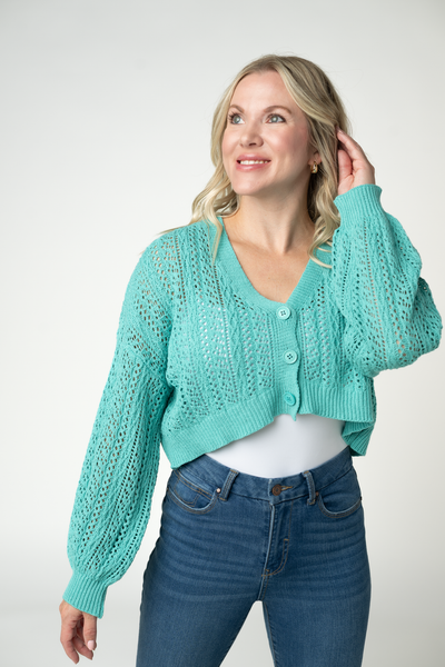 IN STOCK Callie Cropped Cardigan - Aqua - Pumpkin Patch Co