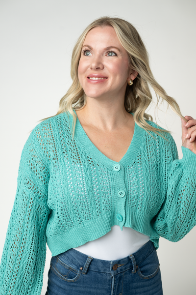 IN STOCK Callie Cropped Cardigan - Aqua - Pumpkin Patch Co