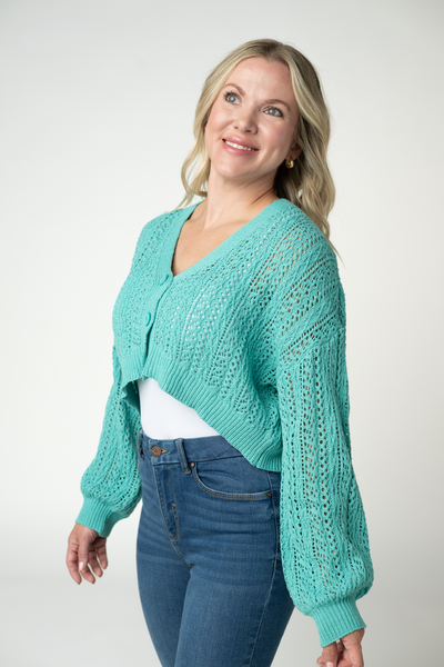 IN STOCK Callie Cropped Cardigan - Aqua - Pumpkin Patch Co