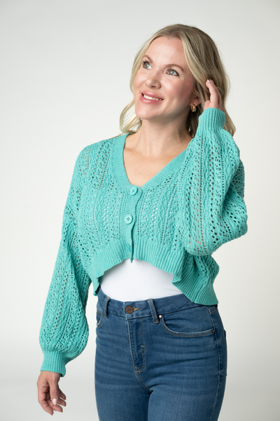 IN STOCK Callie Cropped Cardigan - Aqua - Pumpkin Patch Co