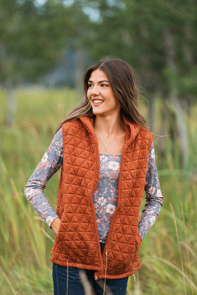 IN STOCK Heather Geometric Hooded Vest - Rust