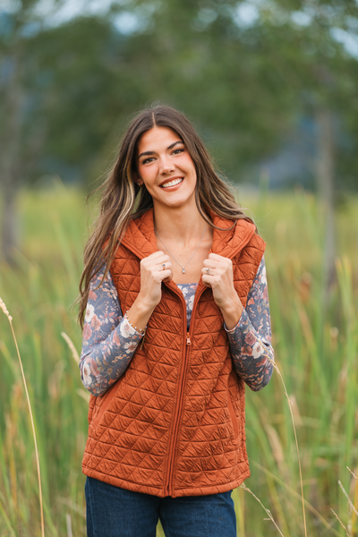 IN STOCK Heather Geometric Hooded Vest - Rust