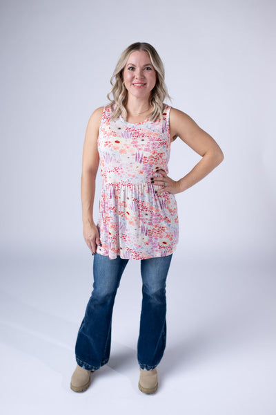 IN STOCK Renee Ruffle Tank Top - Coral Sunset Floral - Pumpkin Patch Co