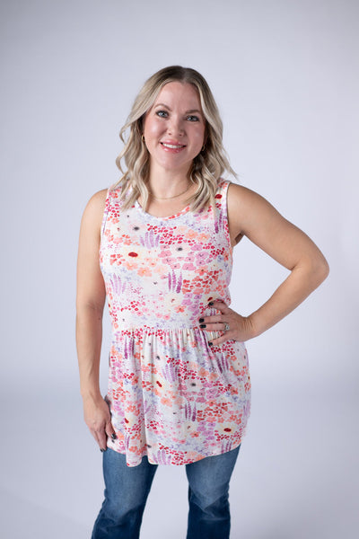 IN STOCK Renee Ruffle Tank Top - Coral Sunset Floral - Pumpkin Patch Co