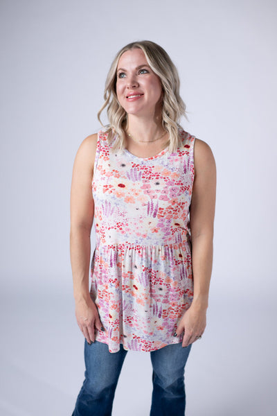 IN STOCK Renee Ruffle Tank Top - Coral Sunset Floral - Pumpkin Patch Co