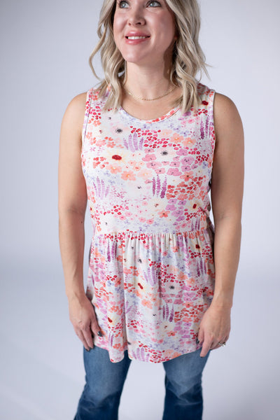 IN STOCK Renee Ruffle Tank Top - Coral Sunset Floral - Pumpkin Patch Co