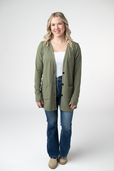 IN STOCK Cori Cardigan - Heathered Olive - Pumpkin Patch Co