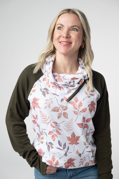 IN STOCK Classic Zoey ZipCowl Sweatshirt - Autumn Leaves and Olive - Pumpkin Patch Co