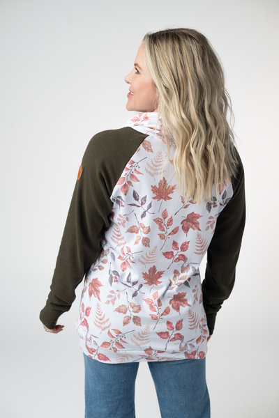 IN STOCK Classic Zoey ZipCowl Sweatshirt - Autumn Leaves and Olive - Pumpkin Patch Co