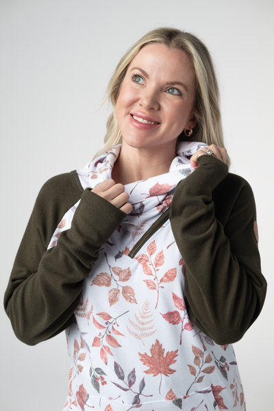 IN STOCK Classic Zoey ZipCowl Sweatshirt - Autumn Leaves and Olive - Pumpkin Patch Co