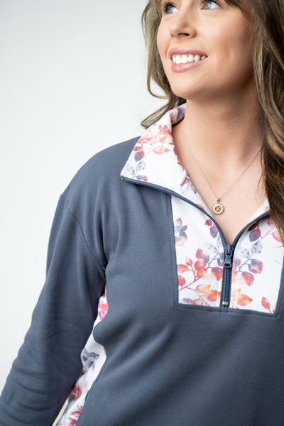 IN STOCK Rowan Zip Pullover - Slate Blue and Autumn Watercolor