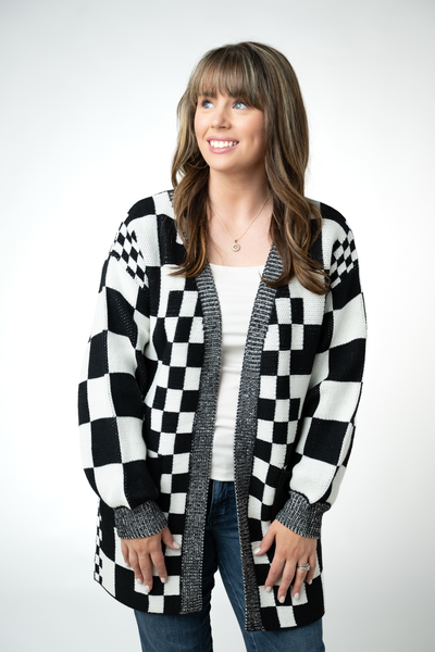 IN STOCK Long Checkered Pocket Cardigan - Black and White - Pumpkin Patch Co