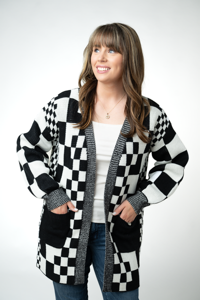 IN STOCK Long Checkered Pocket Cardigan - Black and White - Pumpkin Patch Co