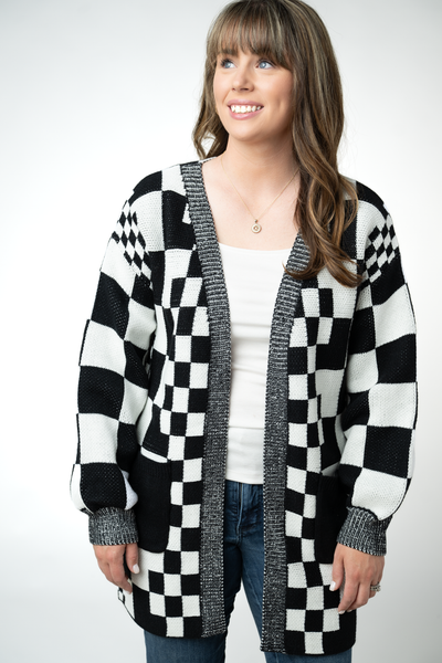 IN STOCK Long Checkered Pocket Cardigan - Black and White - Pumpkin Patch Co