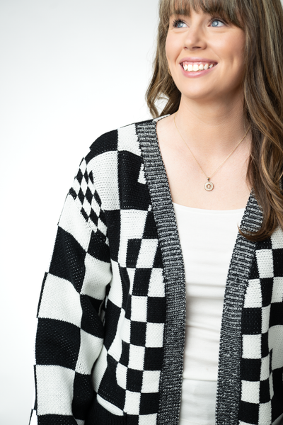 IN STOCK Long Checkered Pocket Cardigan - Black and White - Pumpkin Patch Co