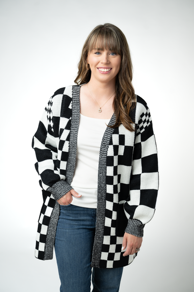 IN STOCK Long Checkered Pocket Cardigan - Black and White - Pumpkin Patch Co