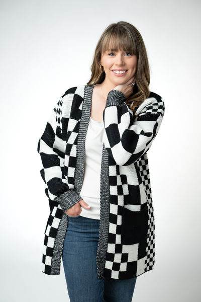 IN STOCK Long Checkered Pocket Cardigan - Black and White - Pumpkin Patch Co