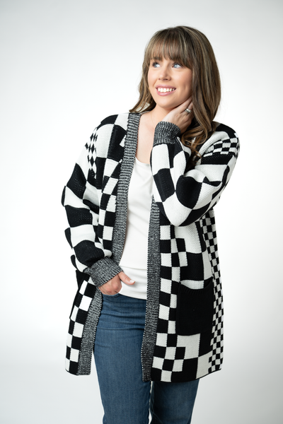 IN STOCK Long Checkered Pocket Cardigan - Black and White - Pumpkin Patch Co
