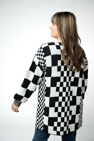 IN STOCK Long Checkered Pocket Cardigan - Black and White - Pumpkin Patch Co