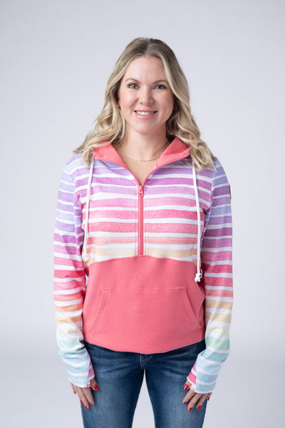 IN STOCK Classic Halfzip Hoodie - Rainbow Stripes and Sun Kissed Coral - Pumpkin Patch Co