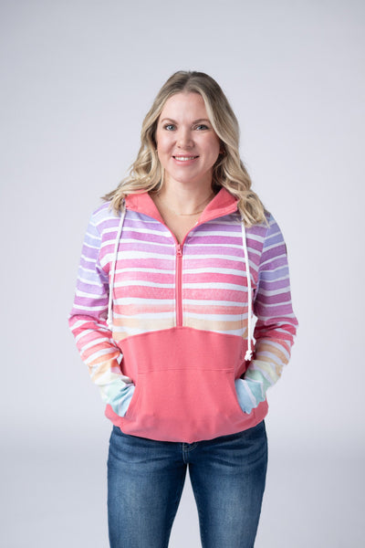 IN STOCK Classic Halfzip Hoodie - Rainbow Stripes and Sun Kissed Coral - Pumpkin Patch Co