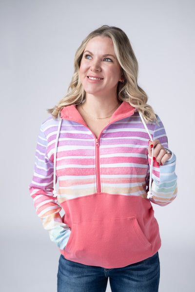 IN STOCK Classic Halfzip Hoodie - Rainbow Stripes and Sun Kissed Coral - Pumpkin Patch Co