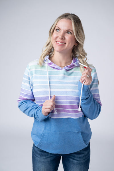 IN STOCK Hailey Pullover Hoodie - Rainbow Stripes and Blue - Pumpkin Patch Co