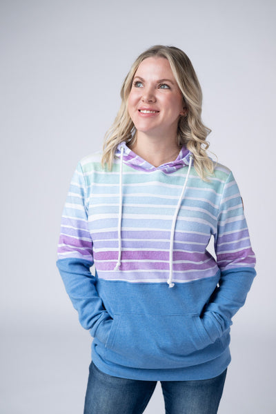 IN STOCK Hailey Pullover Hoodie - Rainbow Stripes and Blue - Pumpkin Patch Co