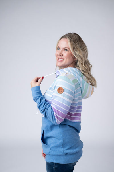 IN STOCK Hailey Pullover Hoodie - Rainbow Stripes and Blue - Pumpkin Patch Co