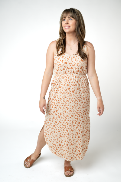 IN STOCK Reagan Ribbed Midi Dress - Sand and Rust Floral - Pumpkin Patch Co