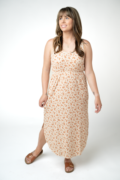 IN STOCK Reagan Ribbed Midi Dress - Sand and Rust Floral - Pumpkin Patch Co