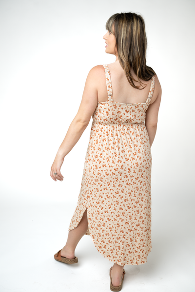 IN STOCK Reagan Ribbed Midi Dress - Sand and Rust Floral - Pumpkin Patch Co