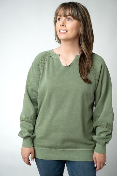 IN STOCK Lace Accent Vintage Wash Pullover - Olive