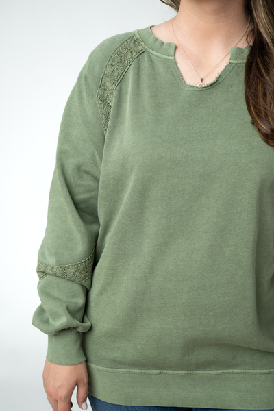 IN STOCK Lace Accent Vintage Wash Pullover - Olive