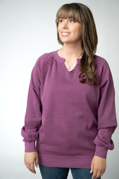 IN STOCK Lace Accent Vintage Wash Pullover - Purple