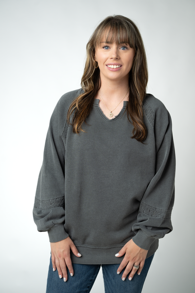 IN STOCK Lace Accent Vintage Wash Pullover - Black