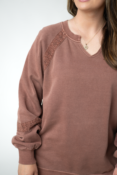 IN STOCK Lace Accent Vintage Wash Pullover - Brown