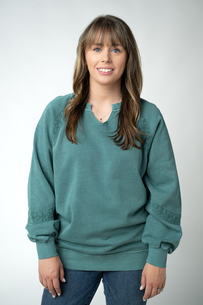 IN STOCK Lace Accent Vintage Wash Pullover - Teal