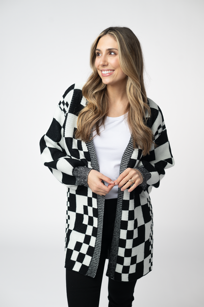 IN STOCK Long Checkered Pocket Cardigan - Black and White