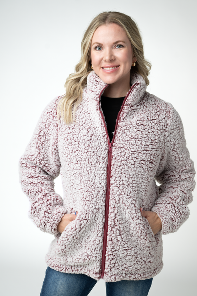 IN STOCK Two Tone Fullzip Sherpa - Cranberry and White