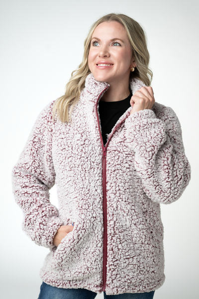 IN STOCK Two Tone Fullzip Sherpa - Cranberry and White