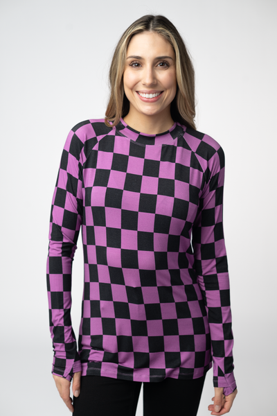 IN STOCK Blair Long Sleeve Top - Black and Purple Checkers