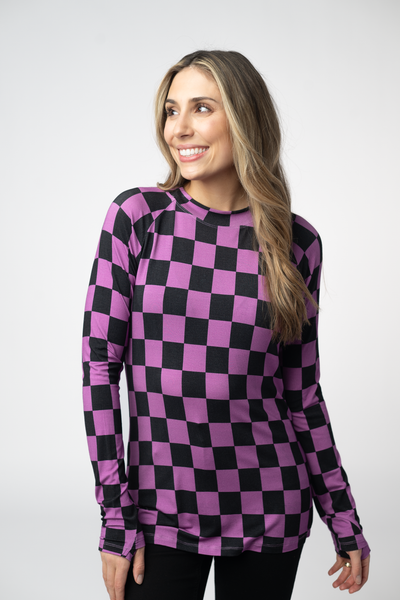 IN STOCK Blair Long Sleeve Top - Black and Purple Checkers